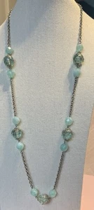 Beautiful Vintage Silvertone & Seafoam Green Aqua Glass Bead Necklace 30” - Picture 1 of 6