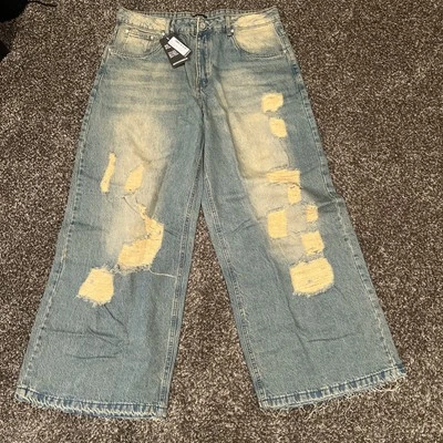 Wide Leg Jeans Ladies 36R Light Blue Denim Baggy High Rise Distressed Boohoo - Image 1 of 4
