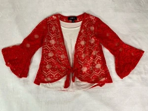 Amy Byer Shirt Girls Small 7/8 White Red Sheer Layered Bell Sleeve Top - Picture 1 of 5