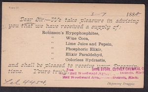 1888 Postkarte Drogerie Cuther Chemical Co Detroit - Elixier/Wein Coca/Pepsin - Bild 1 von 2