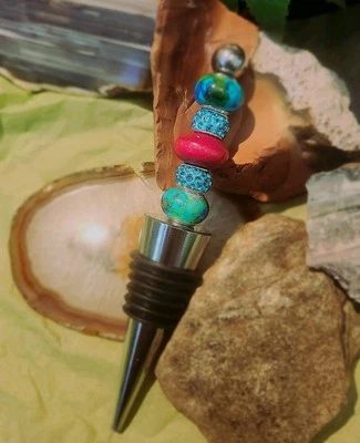 Tapón Botella Vino Nuevo Cuentas Barra Accesorios Cromo Silicona Azul Rojo Foto 1 de 4