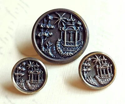 3 Antique Pewter Oriental Picture Buttons ~ Pagoda & Royal Palm ~ 5/8" & 1-1/16" - Image 1 of 4