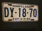 Vintage 1962   MARYLAND   License Plate  DY . 18 . 70