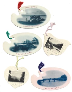 LOTE DE 5 TARJETAS FOTOGRÁFICAS PALET PINTOR JAPONÉS, PERFORADAS Y -3 PALETAS, 1 PÁJARO, 1 CORAZÓN - Imagen 1 de 1