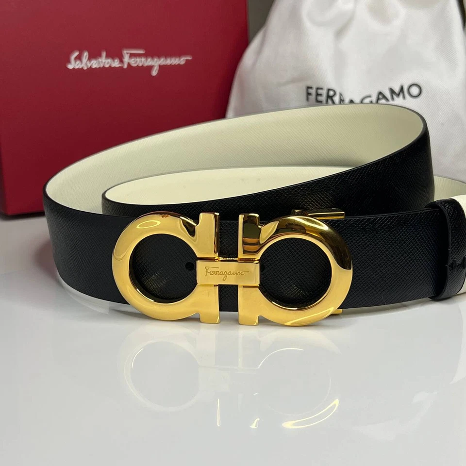 Auténtico SALVATORE FERRAGAMO Cinturón Hombre Reversible Blanco y Negro Hebilla Dorada Foto 1 de 4