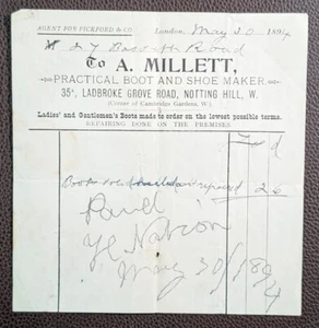 1894 A. Millett Bootmaker Ladbroke Grove Road Notting Hill, London Receipt - Picture 1 of 1