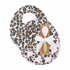 Mud Pie E2 Baby Girl Leopard Muslin Feeding Bibs & Silicone Wood Spoon 10280152 - Picture 1 of 1