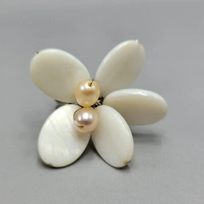 Anillo Flor Concha Perla Cóctel Ajustable Talla 7 Blanco Crema Foto 1 de 4
