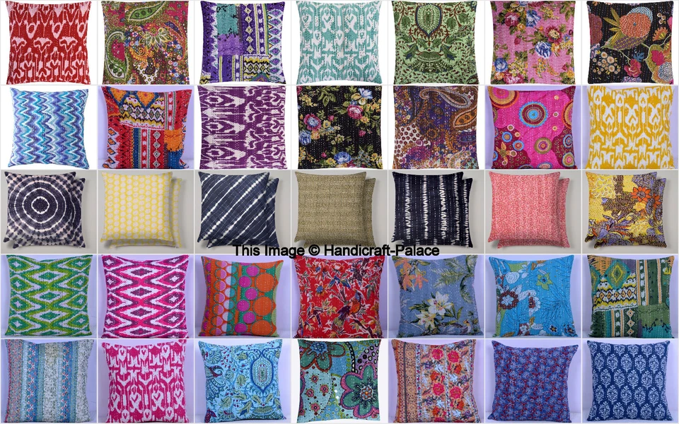 Indian Kantha Cushion Cover Cotton Decorative Throw Pillow Case Decor Boho 16" - Image 1 of 1