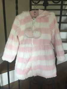 American Widgeon Girl’s Size 3T Pink & White Faux Fur Coat Jacket Hood Pom Poms - Picture 1 of 5