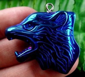 Healing Blue Hematite Carved Face Wolf Head Pendant Free Necklace & Gift Bag - Picture 1 of 5