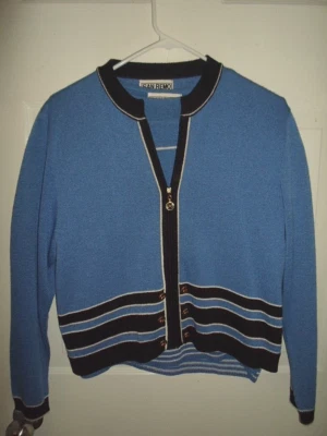 SAN REMO por LAURA Conjunto Suéter Tejido Cremallera 2 Piezas Cárdigan Azul/Negro/Blanco Rayas PL Foto 1 de 4