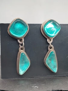 Artisan Delphia Lamberson Green And Coral Resin Sterling Silver 925 Earrings - Picture 1 of 9
