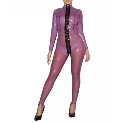 Transparent Purple Latex Catsuit Front Zipper Womens Bodysuit Clubwear 0.4mm - Image 1 of 4