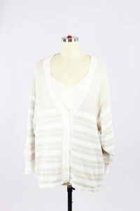 Suéter Cárdigan SCAGLIONE Beige Blanco Rayas Algodón Tejido Cuello en V, Talla M - Imagen 1 de 4