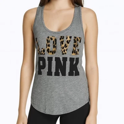 Camiseta sin mangas Victoria's Secret ROSA para mujer gris LOVE PINK leopardo espalda cruzada Foto 1 de 4