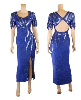 Sean винтажный 80-х 90-х синий фиолетовый бисером шелк Pageant вечеринки выпускное платье sz S - Изображение 1 из 4