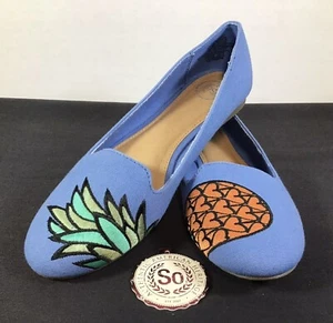 So Authentic Anchovy Pineapple Blue Shoes Flats Canvas Slip On Embroidered Sz 8 - Picture 1 of 5