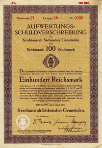 Kreditanstalt Sächsischer Gemeinden, 5% Aufw. Schuldv. 1931 (100 RM) ungelocht - Picture 1 of 2