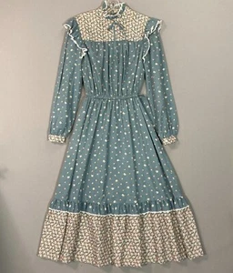 Vintage NOS 70s Sears JR BAZAAR Floral Lace Prairie Dress L/S Ruffle Green SZ 9 - Picture 1 of 12