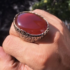 Sterling Silver Big Mens Ring Carnelian Aqeeq Turkish Handmade Statement Jewelry - Picture 1 of 7