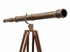 Antique Nautical Floor Standing Brass 39 Inch Telescope With Brown Tripod Stand.