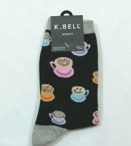 K.Bell Woman's Smiley Face Coffee High Cotton Blend Black Crew Socks Size 9-11 