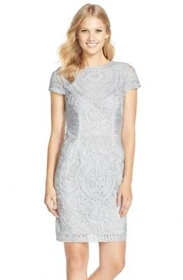 JS COLLECTIONS Silver Soutache Ribbon Tulle Lace Sheath Cocktail Dress 14 = XL - Image 1 of 4