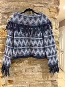 Maglione vintage anni 90 lana gelo mohair blu panna maglia grossa isola fiera frange M - Foto 1 di 4