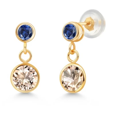 Pendientes redondos de oro amarillo de 14K con zafiro morganita azul melocotón de 1,48 quilates Foto 1 de 4