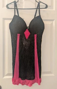Rampage Intimates Womens Satin Mesh Babydoll Nighties Black Pink Size 2X - Picture 1 of 3