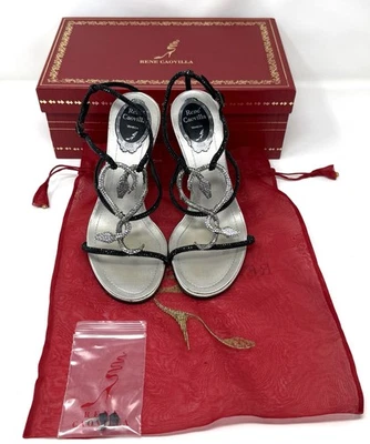 Sandalias René Caovilla diseño serpiente con cristales adornados en negro y plata talla 36,5 Foto 1 de 4