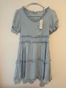 MI AMI Francesca's Blue Puff Sleeve Tiered Girl's Ruffle Dress NWT Size 14Y - Picture 1 of 11