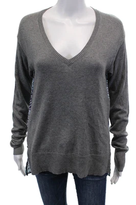 Blusa combinada de seda gris azul manga larga cuello en V Central Park West para mujer talla S Foto 1 de 4
