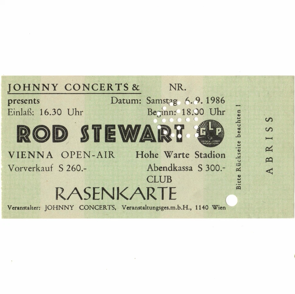 ROD STEWART Concert Ticket Stub VIENNA  AUSTRIA 9/6/86 WIENER OPEN-AIR THE FACES - Image 1 of 1