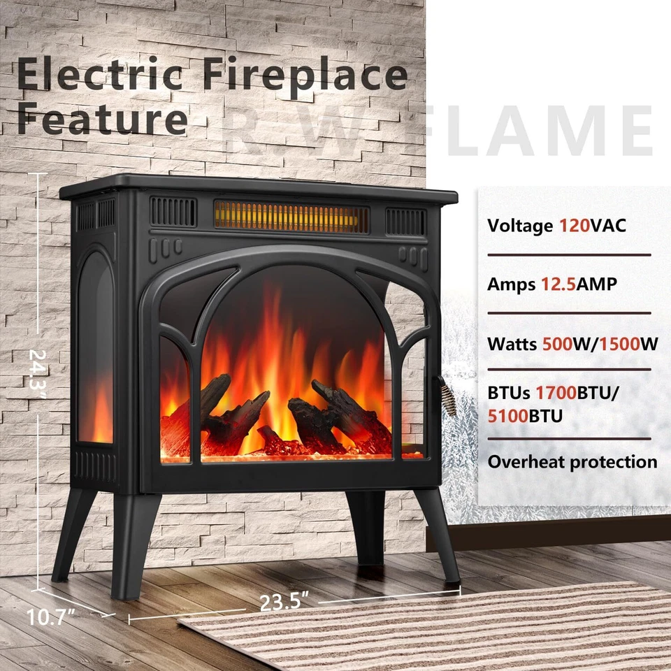 Electric Fireplace Heater 24" Remote, Cathedral Stylish, Different Flames,Black - Image 1 of 4