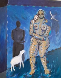 Akt Frau Lamm & Dunkler Hirte. 22x28 Original Gemälde Acryl auf Leinwand - Bild 1 von 11