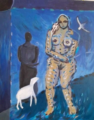 Nude Woman Lamb & Dark Shepherd. 22x28 Original Painting Acrylic on Canvas - Image 1 of 4