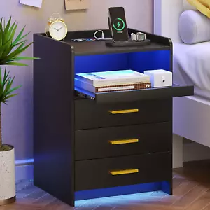 Nightstand with Wireless Charging Station Bedside Table with RGB Light & Human S - Picture 1 of 7