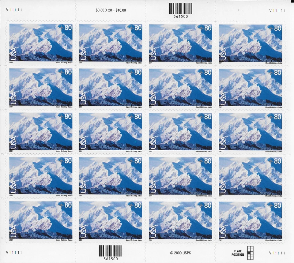US Scott C 137 Air Mail 80C, 1999,  Mt.McKinley, MNH, SA,  Pane of 20 - Image 1 of 1
