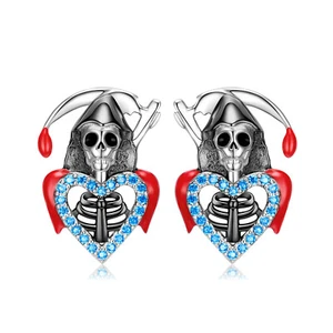 925 Sterling Silver Red Cape Skeleton Death Scythe Blue CZ Stud Earrings Gothic - Picture 1 of 4