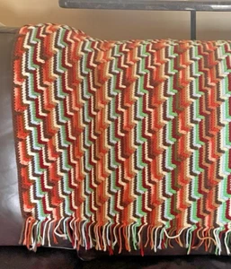 Vtg Granny Afghan Crochet Knit Throw Blanket Fringe Orange Brown Green Red 42x64 - Picture 1 of 10