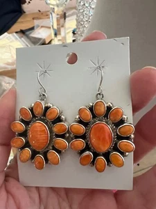 ORANGE SPINEY CLUSTER EARRINGS STAMPED SH STERLING SILVER NATIVE AMERICAN - Picture 1 of 2
