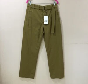 Zara Womens M Straight Leg Pants ZW Collection Belted Khaki Old Money Chic New - Picture 1 of 11