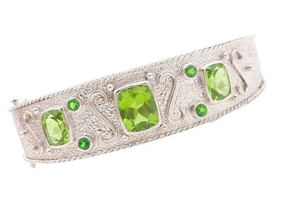 925 Sterling Silver Vintage Bracelet Solid Carved Rectangle Peridot  BT10721 - Image 1 of 4