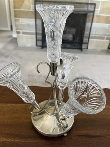12” 4 Crystal Trumpets & Silver Plate Epergne Art Nouveau England No Chips/crack - Picture 1 of 8