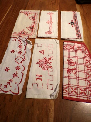 Linge ancien  Lot de 6 Porte serviette différents brodes rouges - Photo 1/3