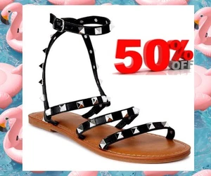 Time and Tru Women SIZE 8W Studded Gladiator Sandals Comforts Flats, Black NWT - Picture 1 of 14