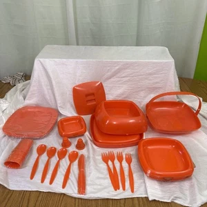 Picnic Master 34 Pcs Plate Camping Set Orange Plastic Retro 70s Mid Century - Picture 1 of 14