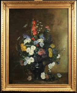 19TH CENTURY HUGE FRENCH OIL ON CANVAS - FLOWERS IN  VASE - INDISTINCTLY SIGNED 
